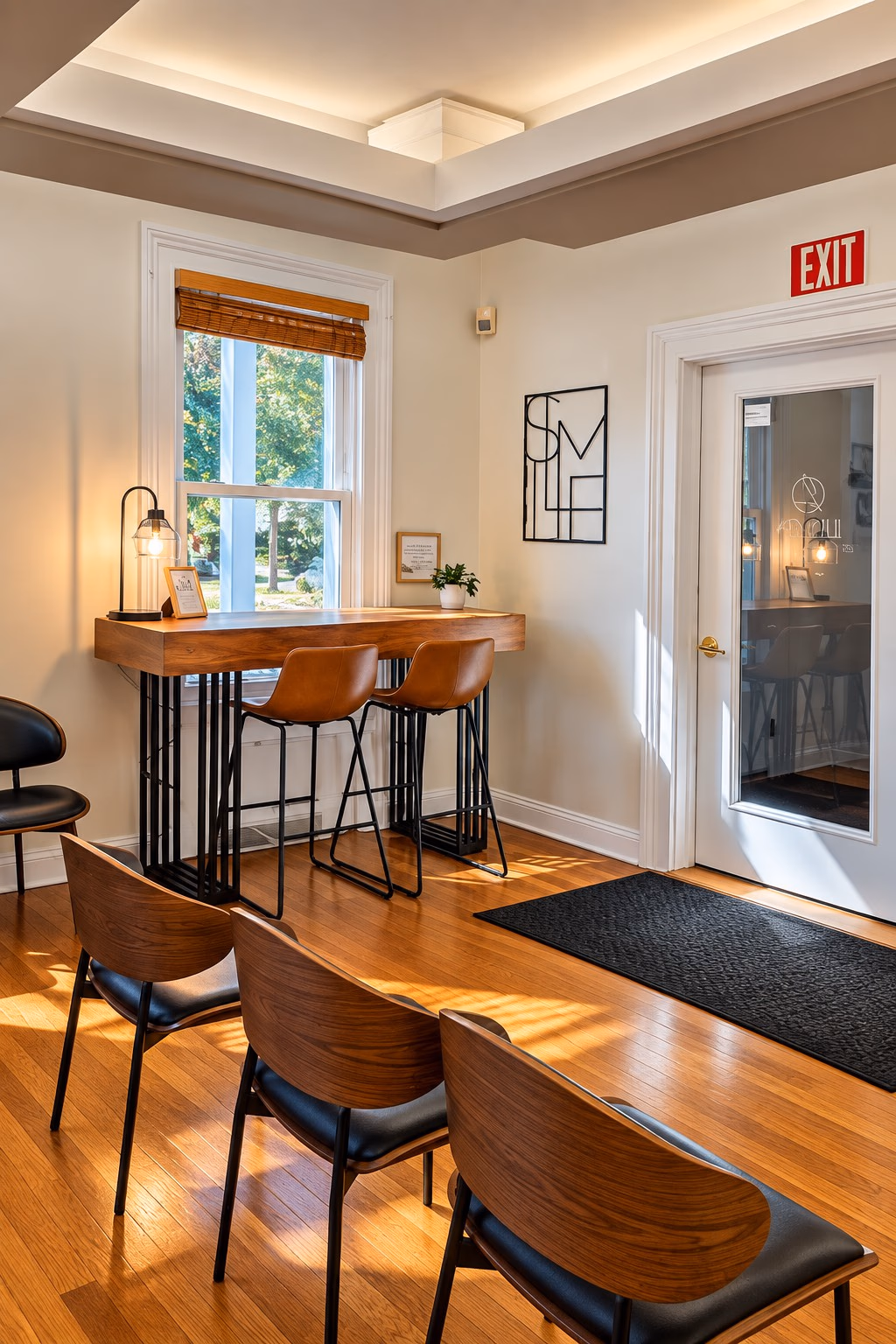 Window counter with bar stools and seating in the Linea office