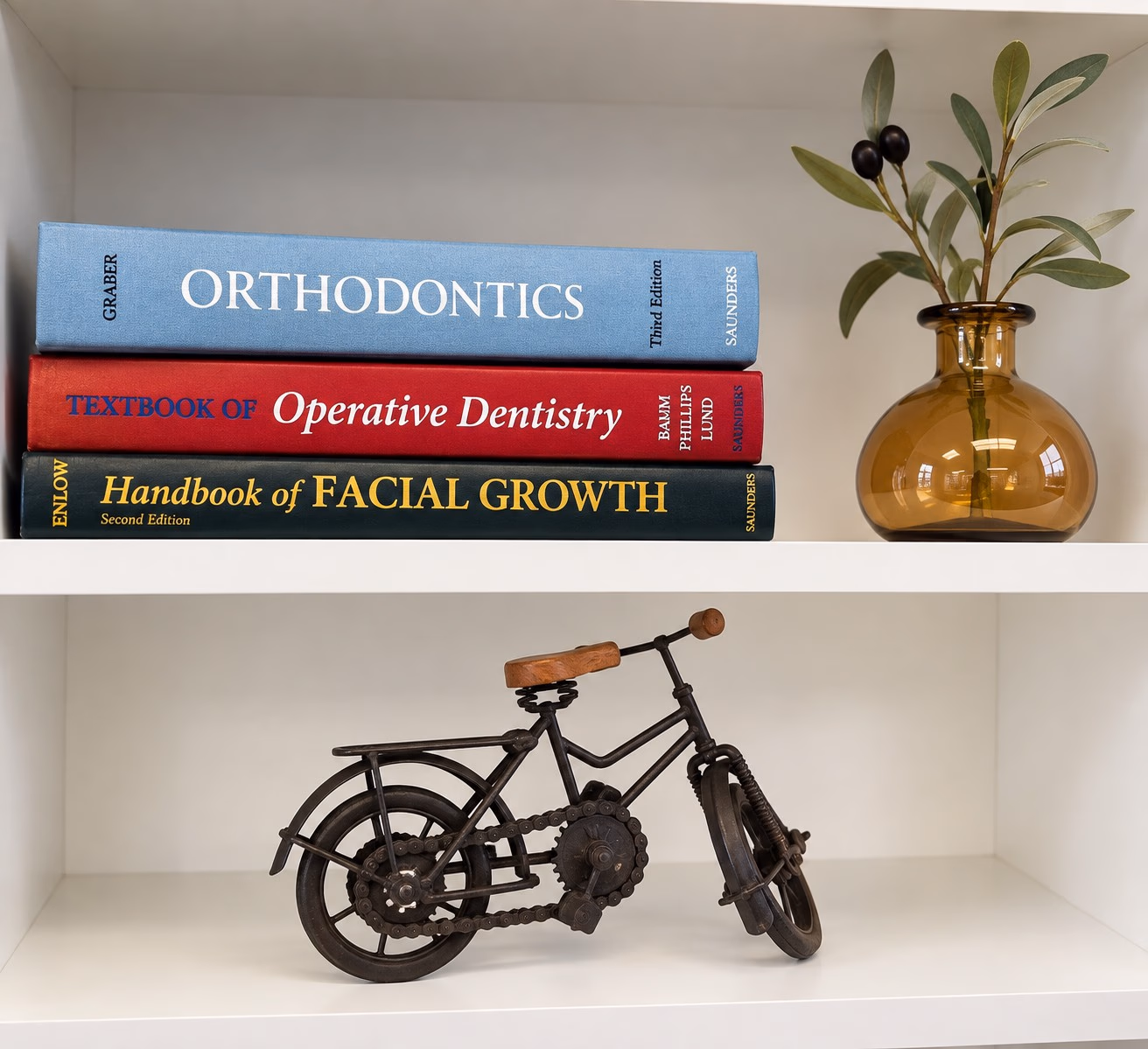 Orthodontic textbooks and a vase on an office shelf