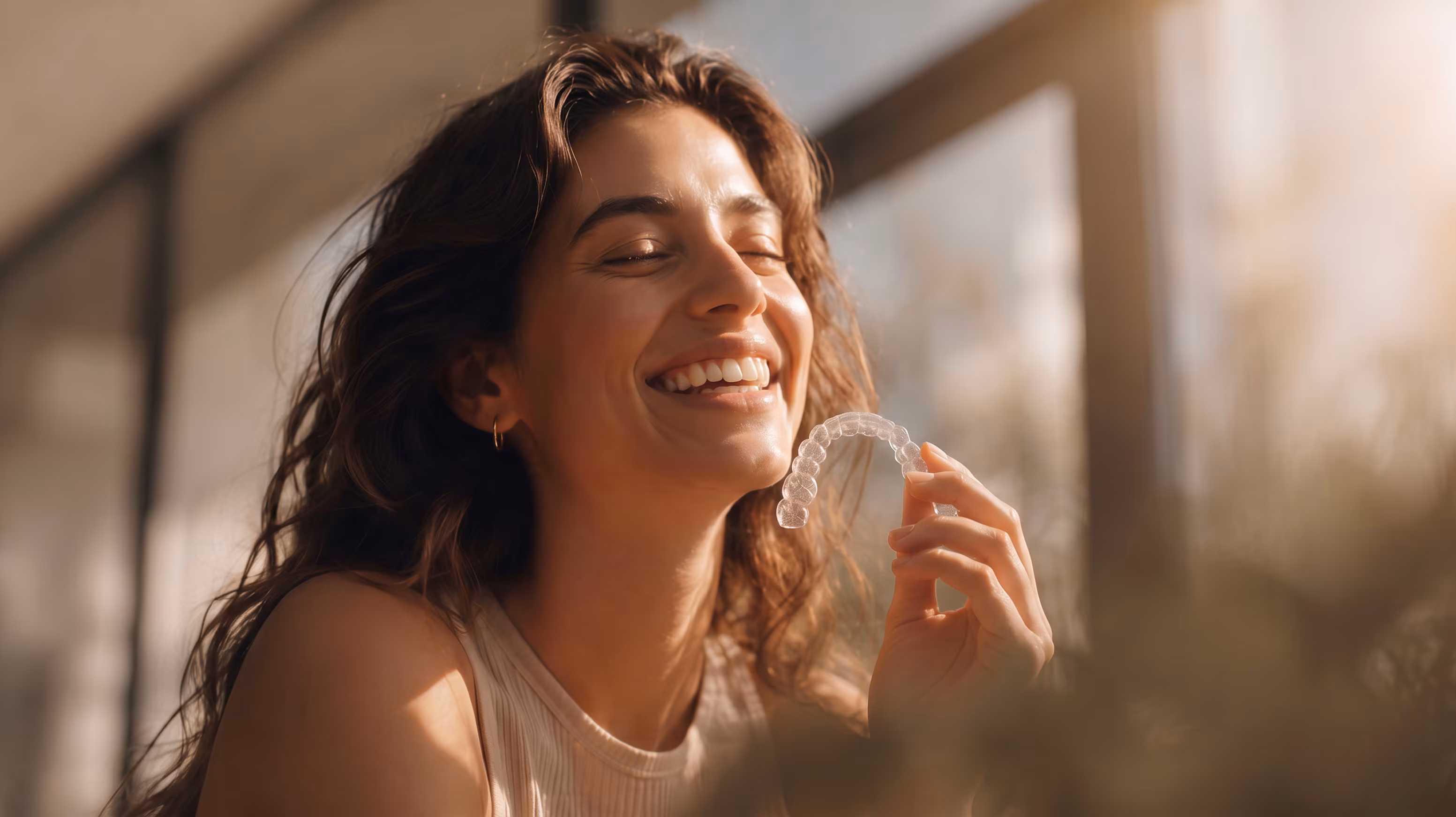 Patient enjoying golden-hour light with a clear aligner
