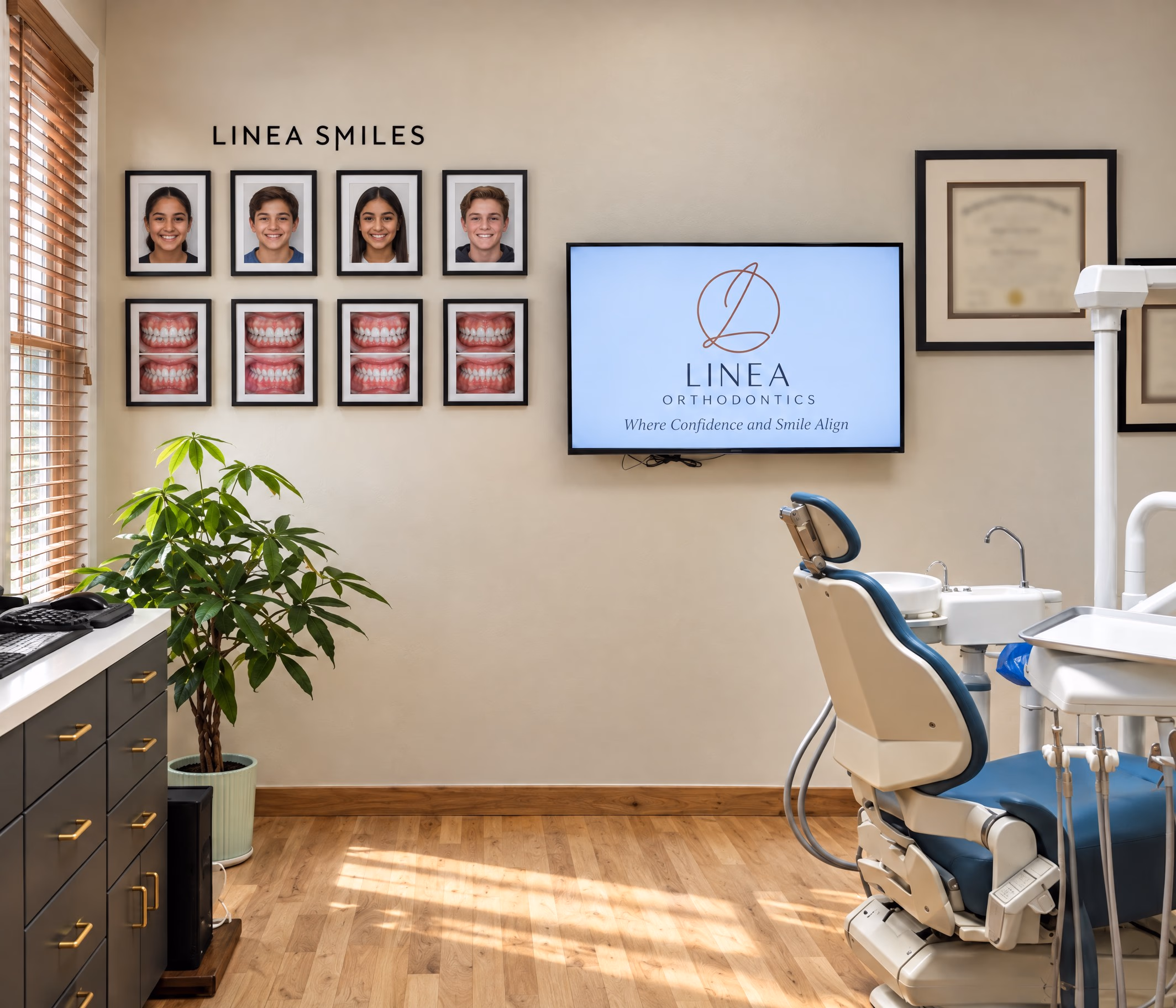 Treatment room with the Linea Smiles photo wall and a branded screen